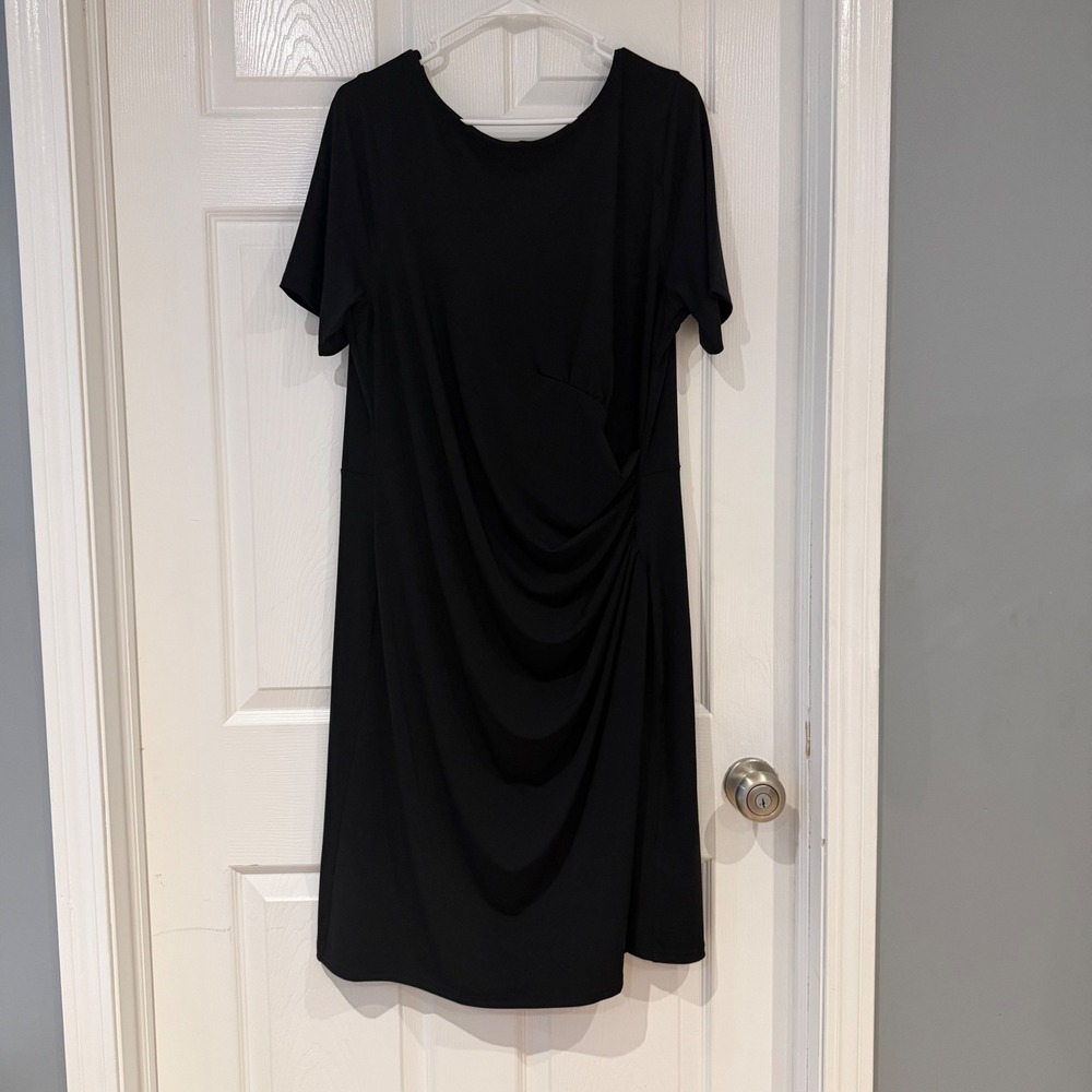 Talbots Plus Black Short Sleeve Ruched Drape Sheath Dress 1X Cocktail‎ Elegant